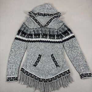 Artesanias Alpaca Sweater Hoodie XS - S Fringe Baja Style Gray Black Peru Boho